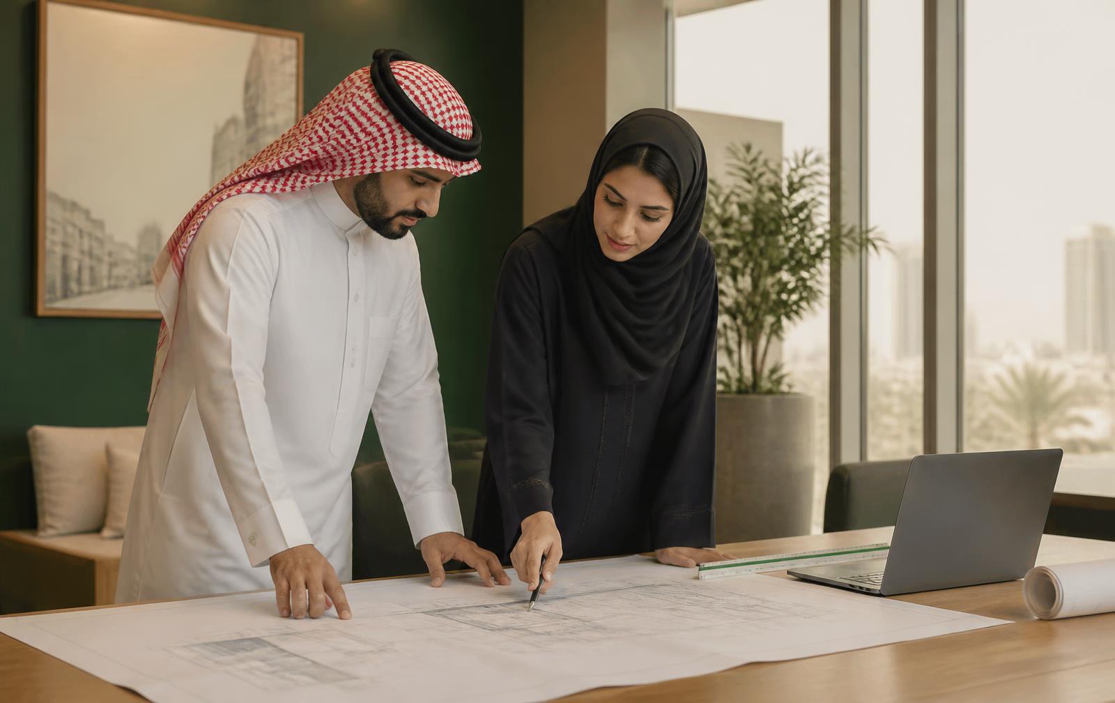 مراجعة المخططات التنفيذية مع فريق هندسي
