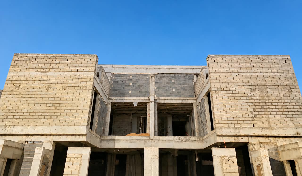 الواجهة الأمامية للدوبلكس السكني بحي الملك فهد خلال أعمال العظم والبلوك